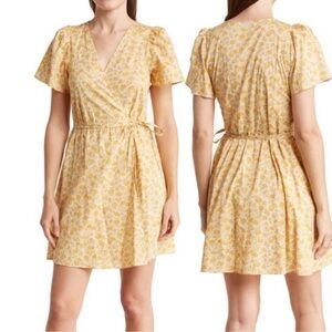 Madewell Womens Yellow Floral Short Sleeve Wrap Dress Cotton Size XS